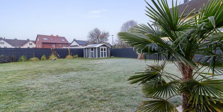 Weitläufiger Garten mit gepflegtem Rasen, Palmen und einem Gartenhaus.